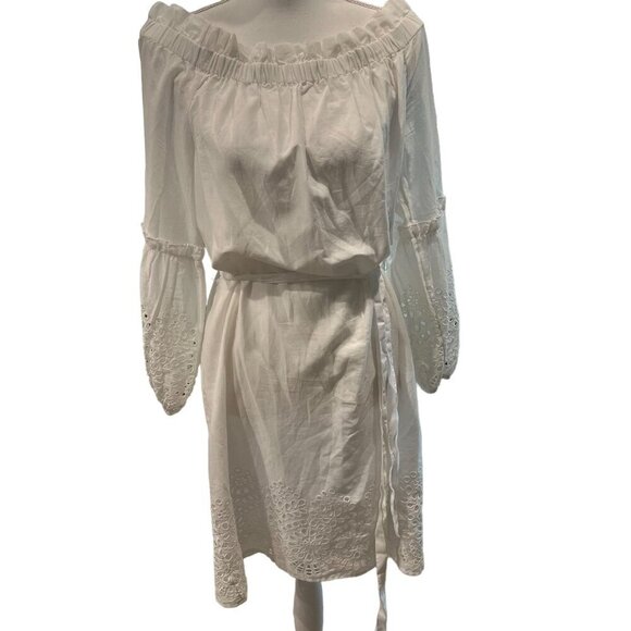 Anthropologie White Cotton Eyelet Lantern Sleeve Off-Shoulder Boho Dress Sz 12 - Picture 3 of 16